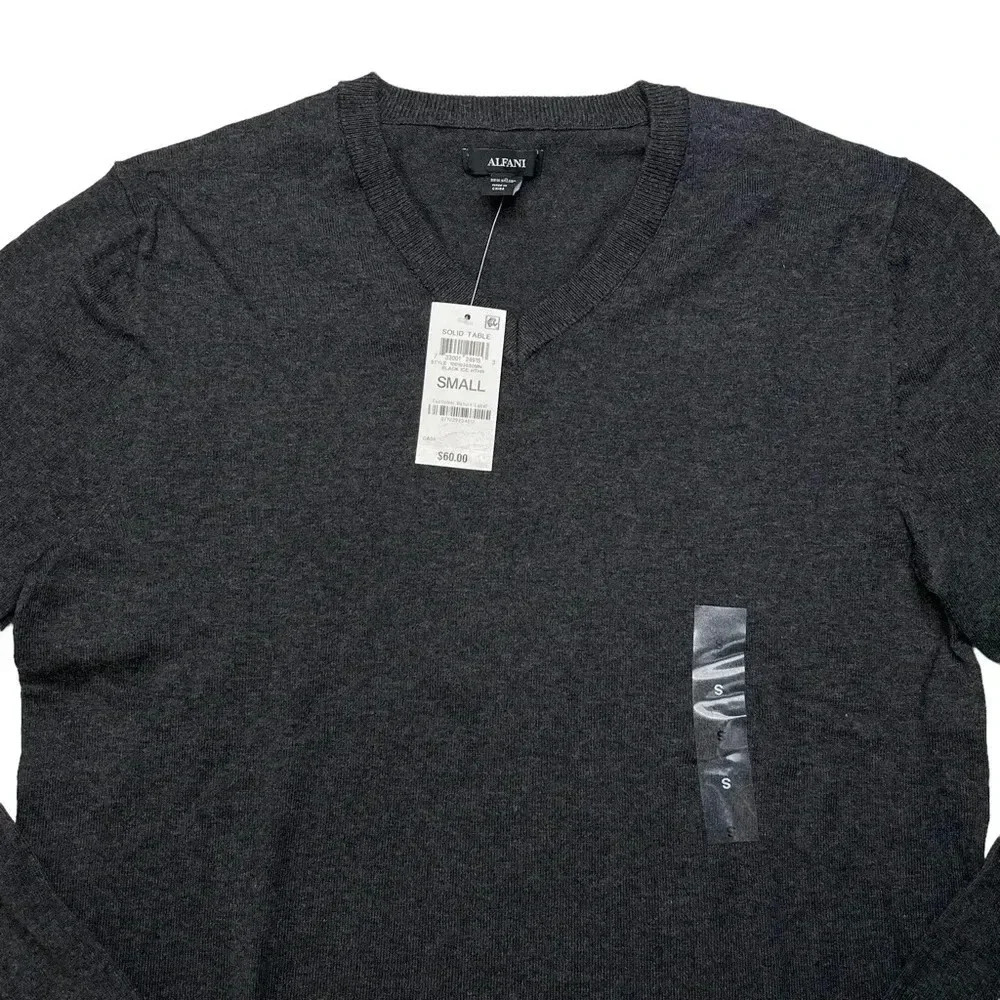 Alfani Solid Table Cotton Blend Dark Grey V-Neck Classic Fit Mens Sweater - Picture 3 of 10